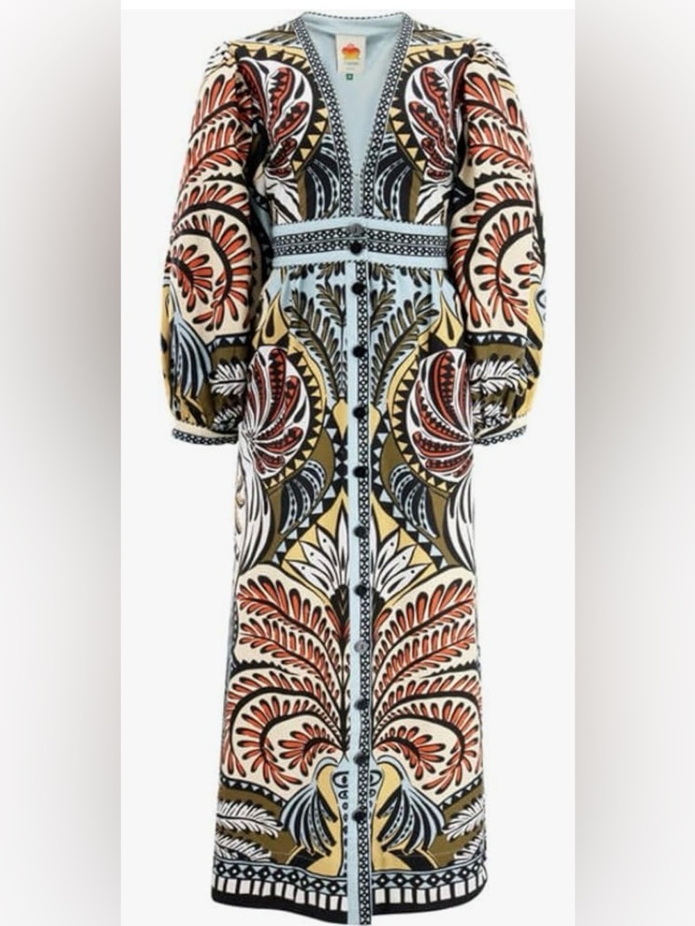 FARM Rio Warm Blue /Tan Multi Long Volume Sleeve Maxi Dress: Small - Picture 10 of 16